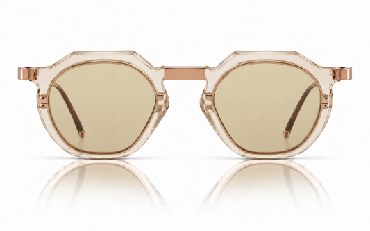 Mont de Marsan champagne sunglasses, straight-on view with soft reflection
